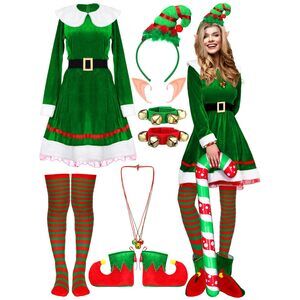 1877 14 Pcs Christmas Elf Costume Set Velvet Dress Belt Striped